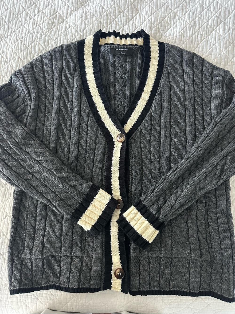 Workshop Republic Clothing Gray Cable Knit Cardigan with Black & Cream Trim